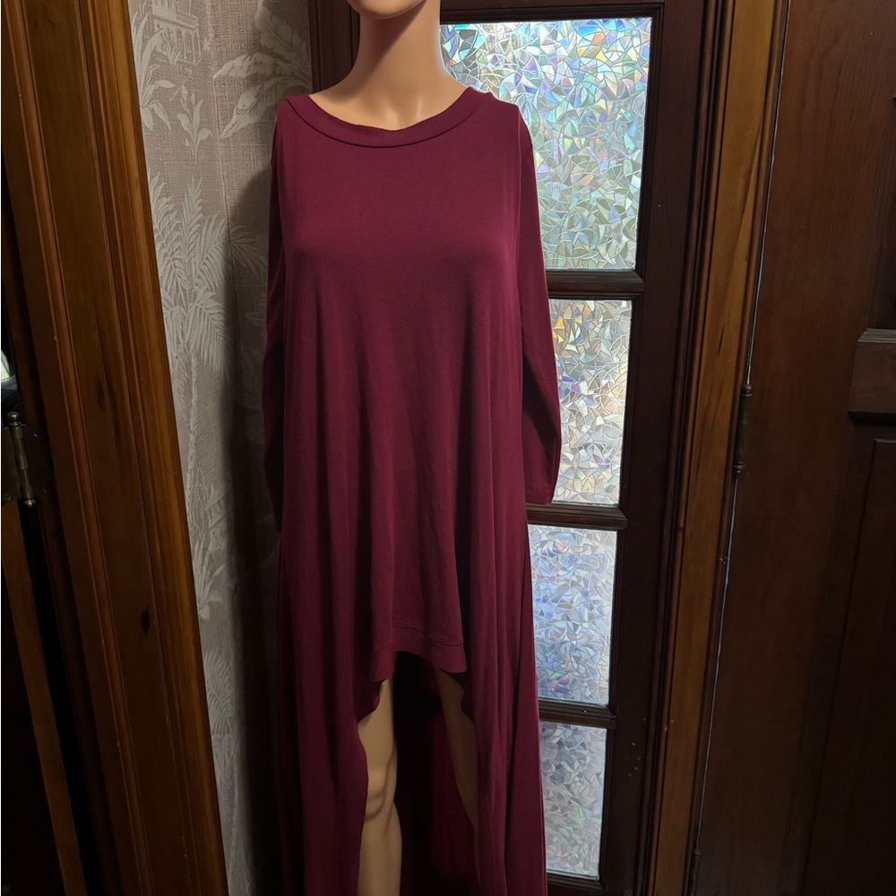 Boutique Bohemian Maxi XL Women's Burgundy High Low Knit Long Sleeve Dress Shirt